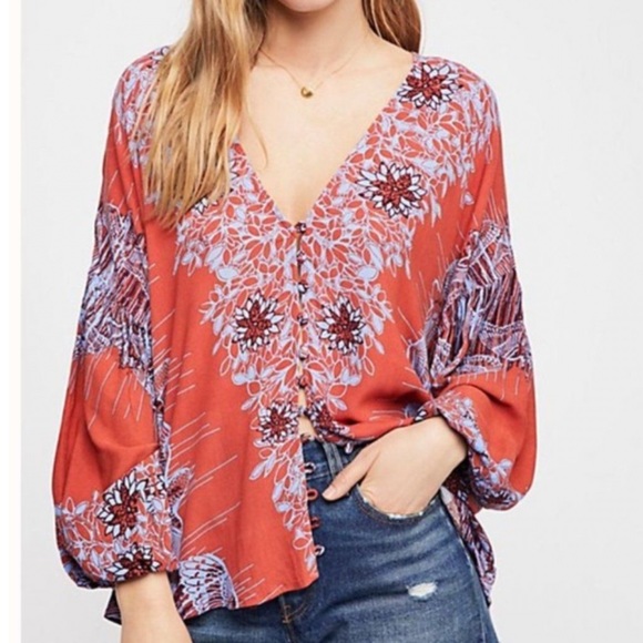 Free People Birds Of A Feather Floral Blouse Size Small - Picture 7 of 10